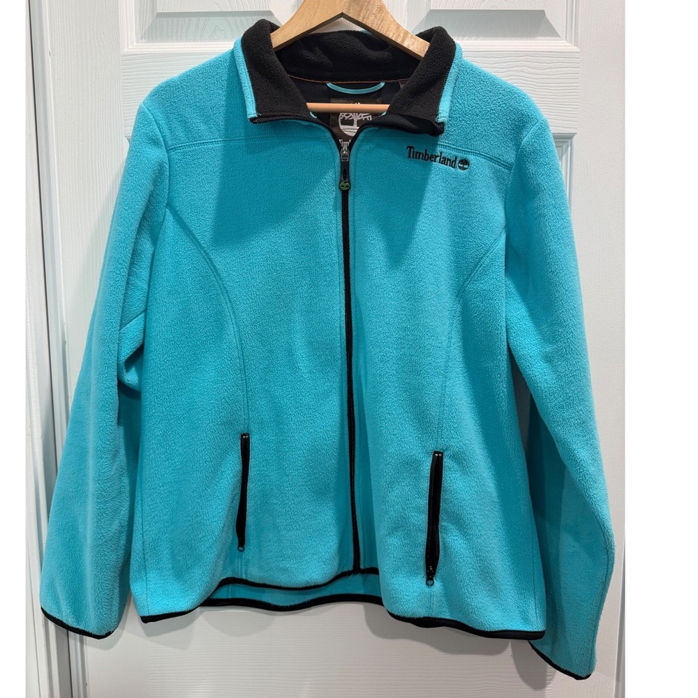 Timberland Womens XL Full Zip Fleece Jacket Turquoise Blue Black Trim Outdoor